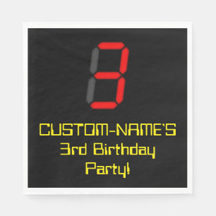 3rd Birthday: Red Digital Clock Style "3" + Name Napkin