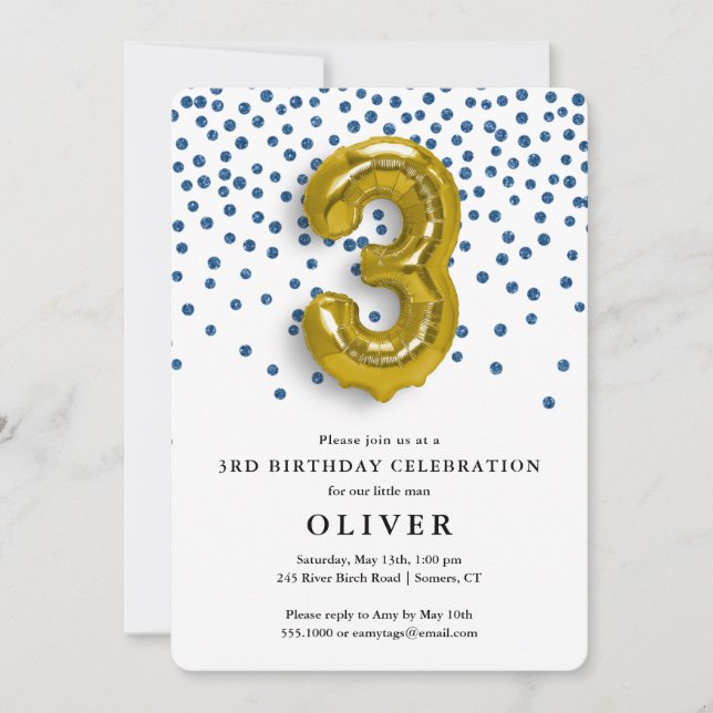3rd Birthday Royal Blue Confetti and Gold Balloon Invitation (Front)
