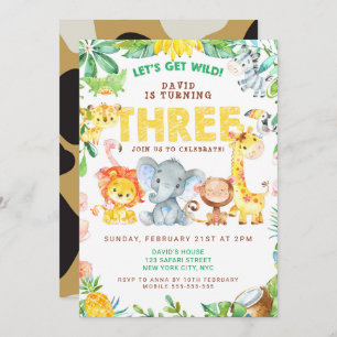 3rd Birthday Safari Animals Jungle Theme Zoo Three Invitation