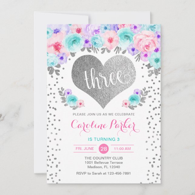 3rd Birthday - Silver Heart Teal Purple Pink Invitation (Front)