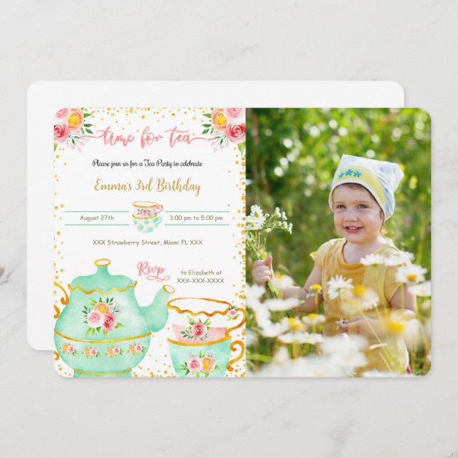 3RD Birthday Tea Party Photo Invitation (Front/Back)
