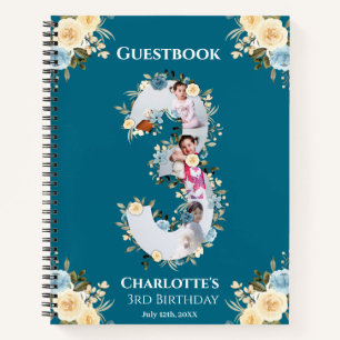 3rd Birthday Teal Flower Photo Yellow Guest Book