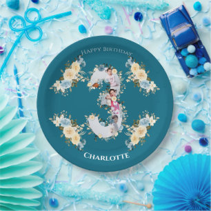 3rd Birthday Teal Photo Collage Blue Yellow Flower Paper Plate