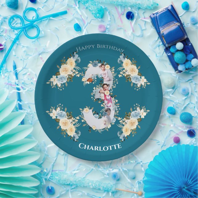 3rd Birthday Teal Photo Collage Blue Yellow Flower Paper Plate (Party)