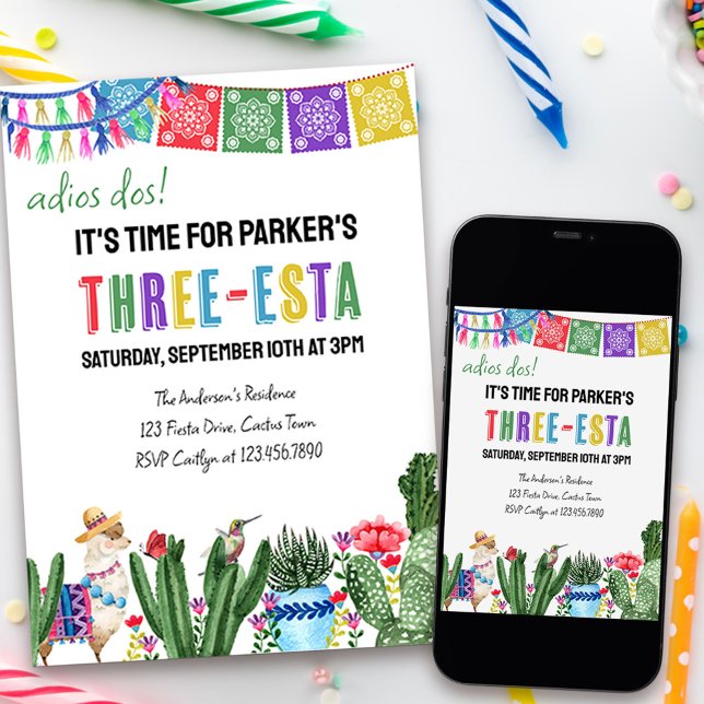 3rd Birthday Three-Esta Colourful Mexican Fiesta Invitation (Adios dos! it's time for a three-esta .. colorful mexican fiesta theme with papel picado and cactus)