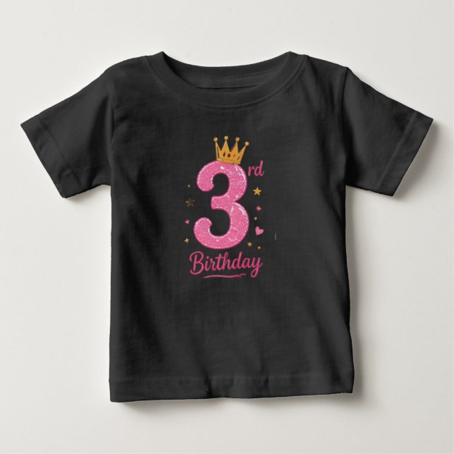 3rd Birthday Toddler Tee Pink Glitter Crown  (Front)
