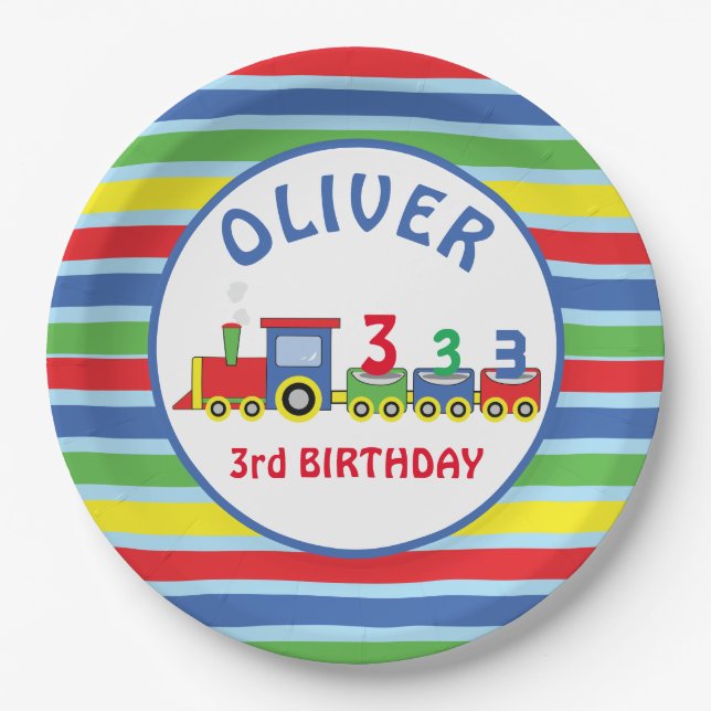3rd Birthday Train Personalise Name Paper Plate (Front)