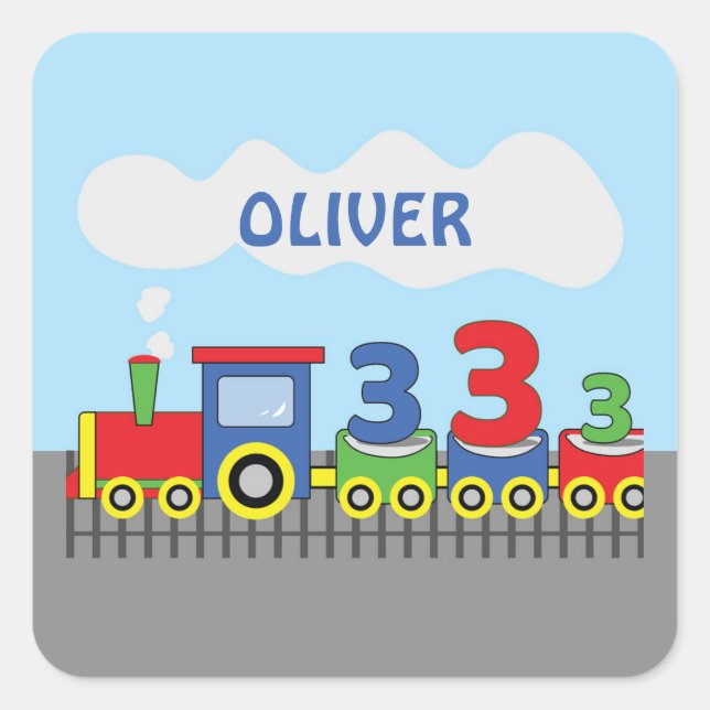 3rd Birthday Train Personalise Name Square Sticker (Front)