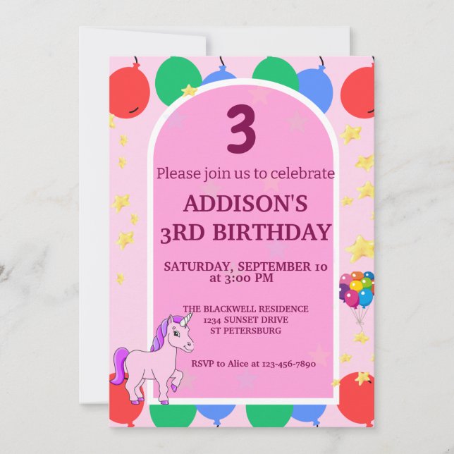 3rd Birthday unicorn Balloons Invitation (Front)