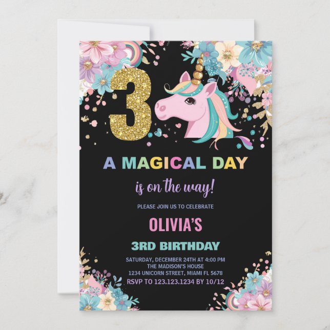3rd Birthday Unicorn Birthday Invitations (Front)