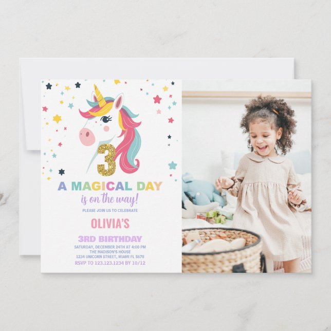 3rd Birthday Unicorn Birthday Invitations w photo (Front)