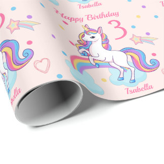 3rd Birthday Unicorn Rainbow Pink Wrapping Paper