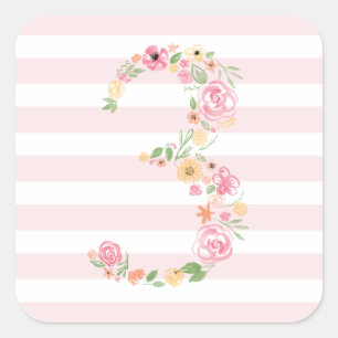 3rd Birthday Watercolor Floral THREE Square Sticker