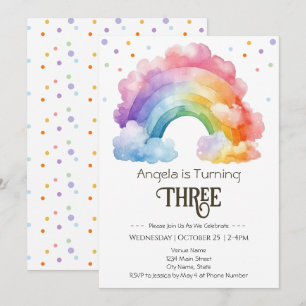 3rd Birthday Watercolor Rainbow Kids  Invitation