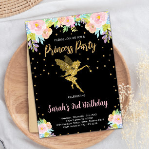 3rd Black Floral Princess Birthday Invitation