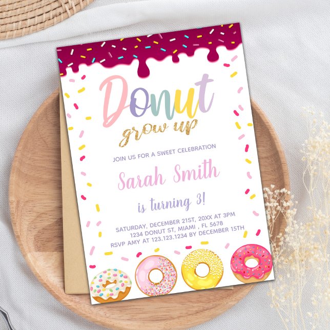 3rd Doughnut Birthday Invitation,Doughnut Invitati Invitation (Pastil Color Donut Birthday Invitations)