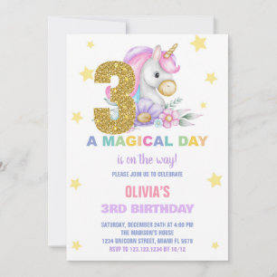 3rd Floral Unicorn Birthday Invitations