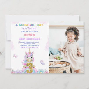 3rd Floral Unicorn Birthday Invitations with photo