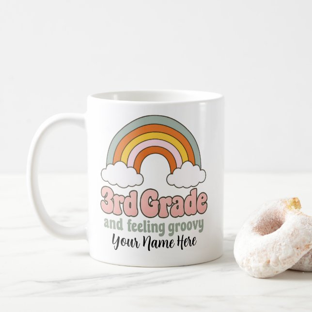 3rd Grade Squad Boho Rainbow Groovy Retro Coffee Mug (With Donut)