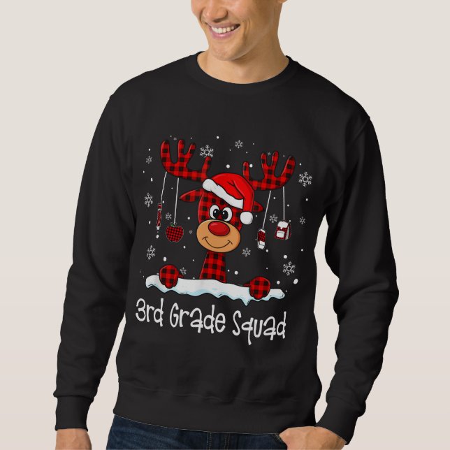 3rd Grade Squad Plaid Reindeer Santa Hat Teacher C Sweatshirt (Front)