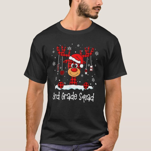 3rd Grade Squad Plaid Reindeer Santa Hat Teacher C T-Shirt (Front)