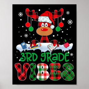 3rd Grade Vibes Teacher Buffalo Red Plaid Reindeer Poster