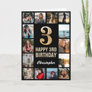 3rd Happy Birthday Black and Gold Photo Collage Card