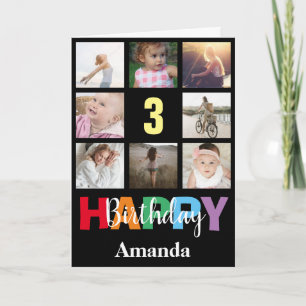 3rd Happy Birthday Photo Collage Modern Black Card