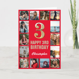 3rd Happy Birthday Red and Gold Photo Collage Card