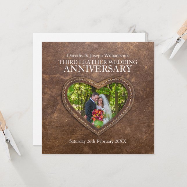 3rd leather wedding anniversary brown heart invitation (Front/Back In Situ)