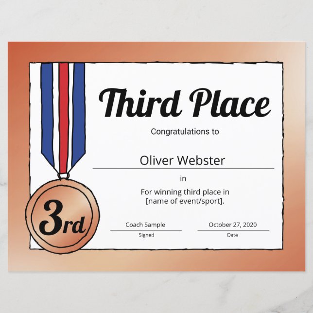 3rd Place Certificate Sports Certificate (Front)