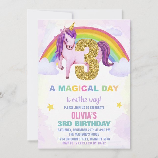 3rd Rainbow Unicorn Birthday Invitations Cloud (Front)