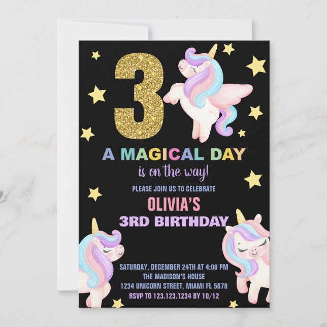 3rd Rainbow Unicorn Birthday Invitations Fly (Front)