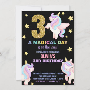 3rd Rainbow Unicorn Birthday Invitations Fly