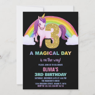 3rd Rainbow Unicorn Birthday Invitations Glitter