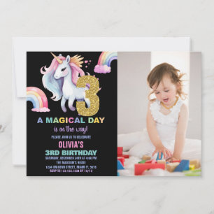 3rd Rainbow Unicorn Birthday Invitations w photo