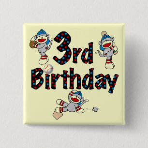 3rd Sock Monkey Baseball Birthday 15 Cm Square Badge