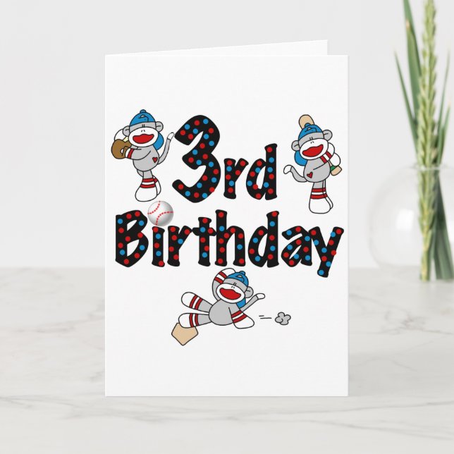 3rd Sock Monkey Baseball Birthday Card (Front)