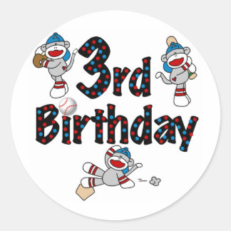 3rd Sock Monkey Baseball Birthday Classic Round Sticker