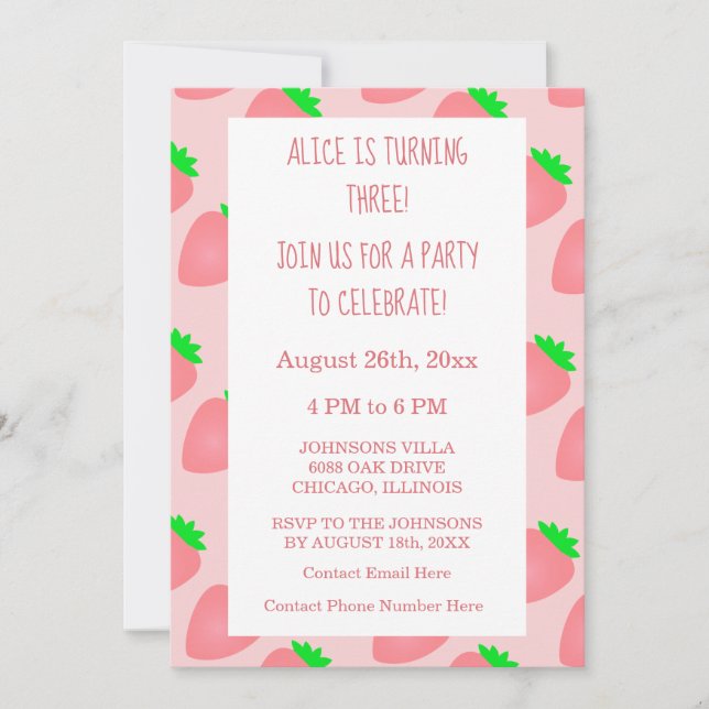3rd Third Birthday Strawberry Pink Baby Girl 2025 Invitation (Front)