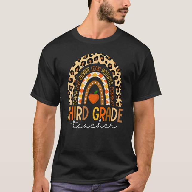 3rd Third Grade Teacher Love Leopard Rainbow Back  T-Shirt (Front)
