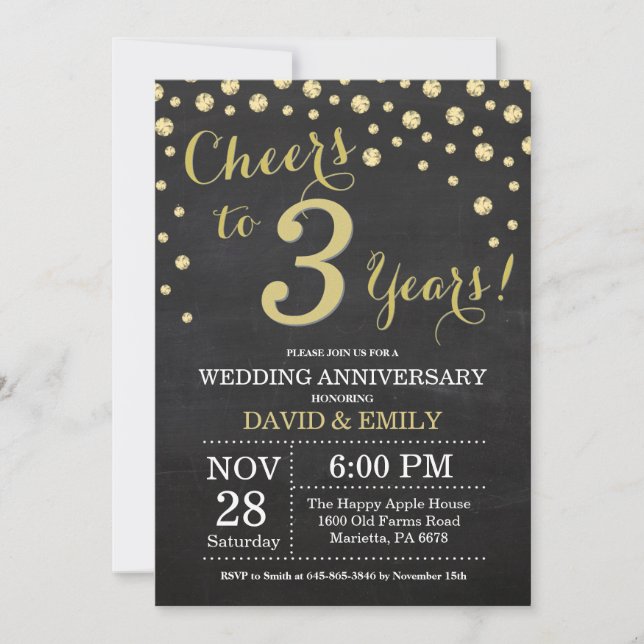 3rd Wedding Anniversary Chalkboard Black and Gold Invitation (Front)