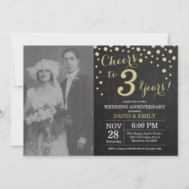 3rd Wedding Anniversary Chalkboard Black and Gold Invitation (Front)
