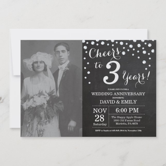 3rd Wedding Anniversary Chalkboard Black Silver Invitation (Front)