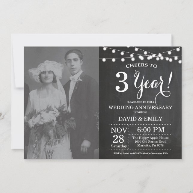 3rd Wedding Anniversary Chalkboard Photo Invitation (Front)