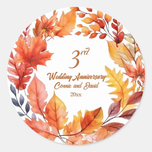 3rd Wedding Anniversary Fall Floral  Classic Round Sticker (Front)