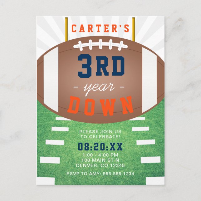 3rd Year Down Football Theme 3rd Birthday Invitation Postcard (Front)