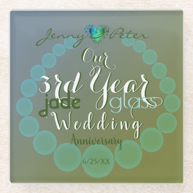 3rd Year Jade/Glass Wedding Anniversary Green Glass Coaster (Front)