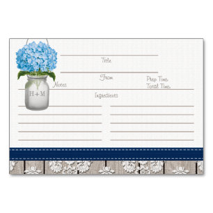 3x5 Blue Navy Hydrangea Mason Jar Recipe Cards
