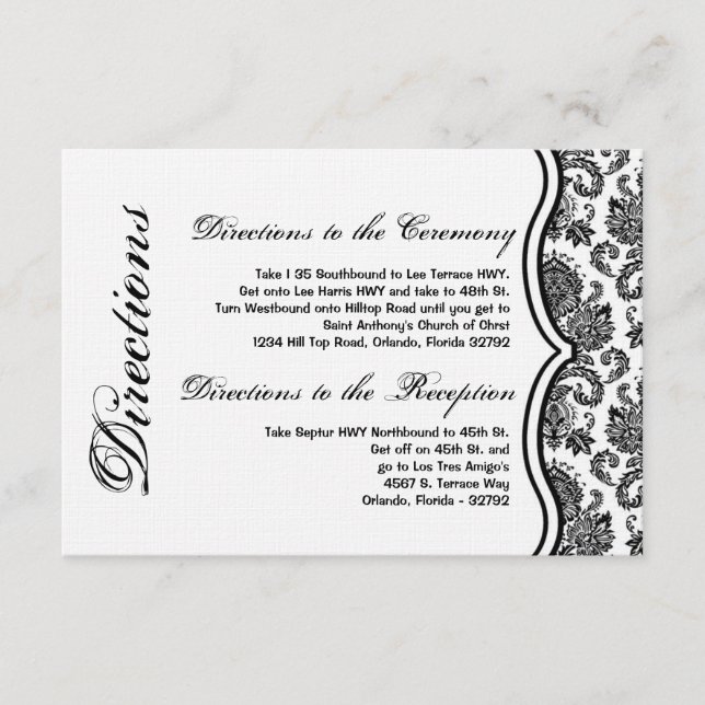 3x5 Directions Card Black White Damask Lace Print (Front)
